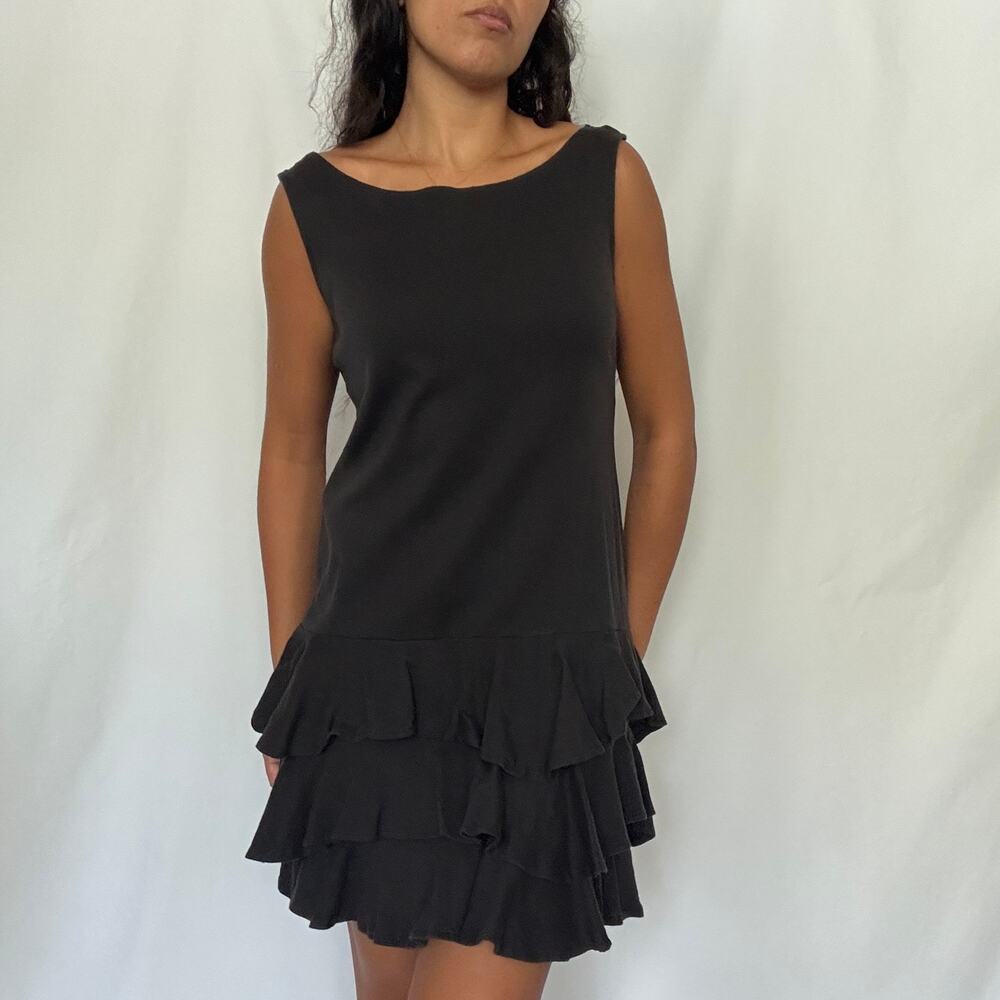 Vintage 90s Gray Cotton Drop Waist Tiered Ruffle Mini Casual Dress Low Back L